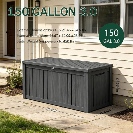 Outdoor Storage Box, 150 Gallon Waterproof Deck Box [Upgraded 3.1], Large Resin Storage with Hydraulic Gas Lifts for Cushions, Heavy Duty Lockable Bench Seat, Backyard Party, Black