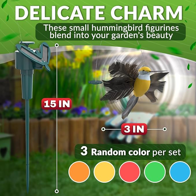 3 Pcs Solar Hummingbird Garden Stakes that Move Like Real Birds - Decorative Garden Stakes, Fluttering Moving Hummingbird Decor, Waterproof Battery Powered Yard Decorations Outdoor for Plants & Patio
