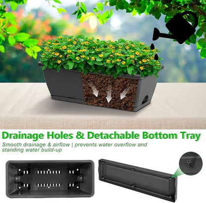 OYEAL Deck Railing Planter Boxes Set of 2 Over The Fence Planters Rail Hanging Planter Boxes with Adjustable Brackets, 6 Plastic Flower Boxes, Grey