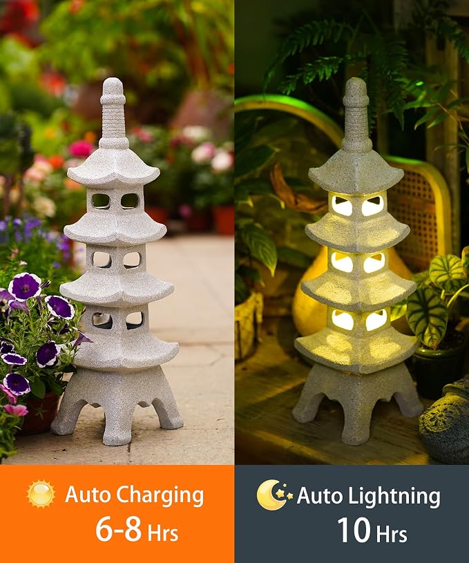 Nacome Solar Pagoda Garden Statues: 25.6 inches Multi-Layer Outdoor Weatherproof Resin Zen Decor for Landscape Balcony Patio Porch Yard Ornament(Gray)