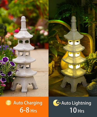 Nacome Solar Pagoda Garden Statues: 25.6 inches Multi-Layer Outdoor Weatherproof Resin Zen Decor for Landscape Balcony Patio Porch Yard Ornament(Gray)