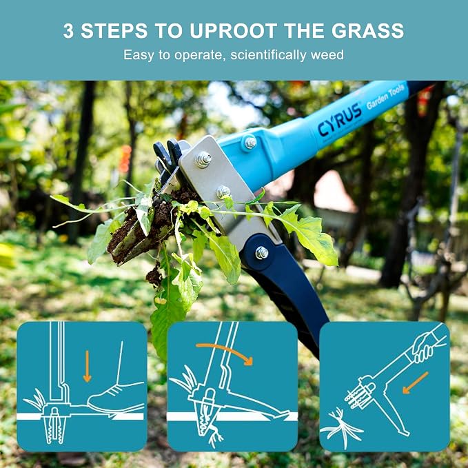 CYRUS 39 Inch 3 Claw Weed Puller Tool Aluminum Handle Weeding Remover | Semi-auto spring for labor-saving weeding, long pole avoids bending, rust-proof metal pulls weeds whole safely