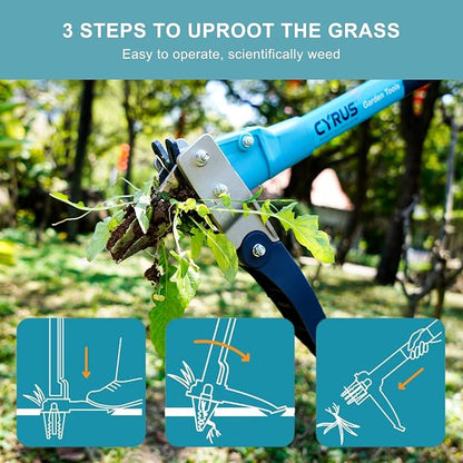 CYRUS 39 Inch 3 Claw Weed Puller Tool Aluminum Handle Weeding Remover | Semi-auto spring for labor-saving weeding, long pole avoids bending, rust-proof metal pulls weeds whole safely