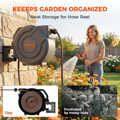 Upgraded Retractable Garden Hose Reel 1/2 inch x 130 ft Wall-Mounted 9 Pattern Nozzle Any Length Lock Automatic Slow Return 180° Swivel UV Resistant Heavy Duty Hose Reels for Outside