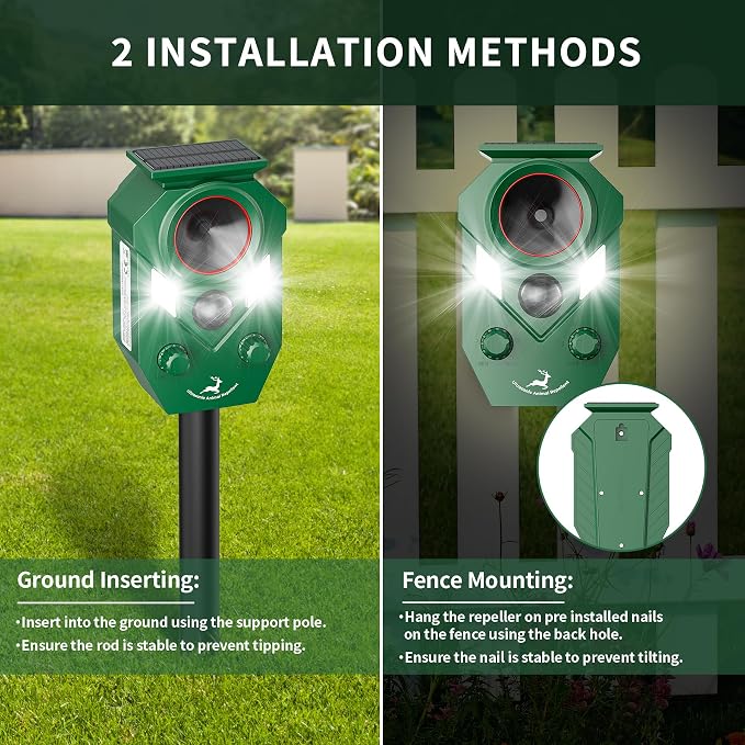 Solar Deer Repellent Devices Outdoor - Ultrasonic Animal Repellent with Motion Sensor & Strobe Lights, 4 Pack Waterproof Cat Repellent Outdoor, Repels Raccoon, Coyote for Garden & Lawn