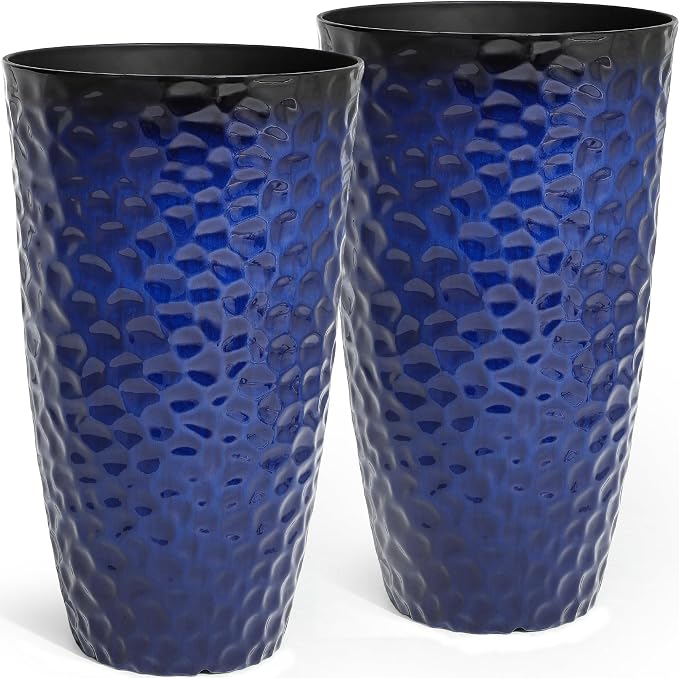 23.75" Cobalt Blue Plastic Tall Planters with Honeycomb Texture | Set of 2 PP tall planters with cobalt blue honeycomb texture, drainage plugs, and UV-treated finish for porch or patio