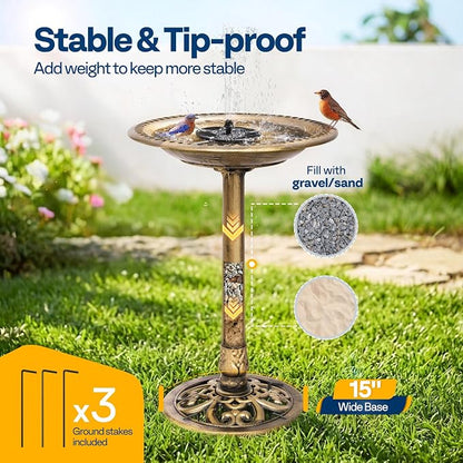 VIVOHOME Bird Bath with Solar Fountain for Outside, Polyresin Pedestal Bird Baths with Solar Powered Pump for Outdoor, Garden, Weather-Resistant Birdbaths with 20" Bowl, Golden