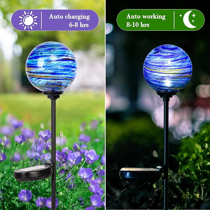Solar Outdoor Decorative Lights Color Swirl Garden Stake Glaze Glass LED Globe Lights for Pathway Yard Lawn Decoration - 2 Pack Blue