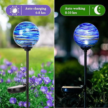 Solar Outdoor Decorative Lights Color Swirl Garden Stake Glaze Glass LED Globe Lights for Pathway Yard Lawn Decoration - 2 Pack Blue