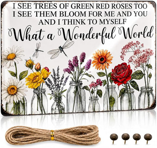 Vintage Flower Garden Metal Sign, 8x12 In Rustic Tin Wall Decor | floral metal sign with rope and 4 pins for garden, porch, patio, fence, farmhouse and home wall decor