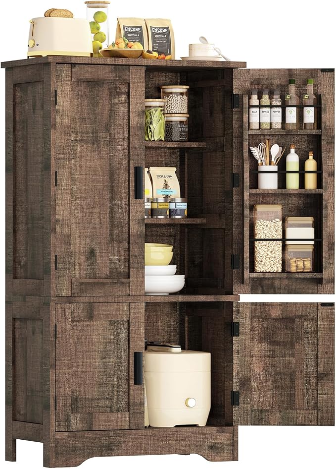 TEENFON Storage Cabinet with 4 Doors, 43.3" H Farmhouse Kitchen Cabinet with 6 Door Shelves, Kitchen Storage Cabinets with Adjustable Shelves, for Living Room, Antique Oak