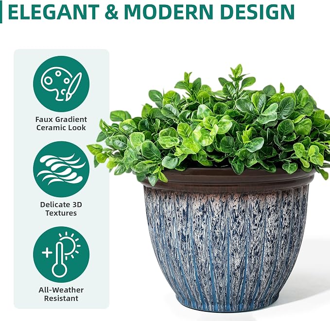 15" Large Flower Pots, 2-Pack Big Plastic Planters for Outdoor Plants | Plant Pot with 3D Textures, Artistic Floating Blue Brown Glaze, Weather-Resistant for Porch, Garden, Patio Yard or Indoor Use