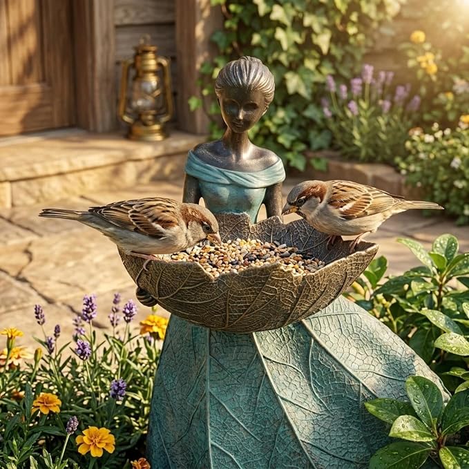 DiliComing Fairy Garden Statues Bird Feeder - 12 Inch Resin Outdoor Fairy Statue for Garden Decor, Decorative Patio Yard Lawn Flower Bed Figurine, Garden Gifts for Women (Green)