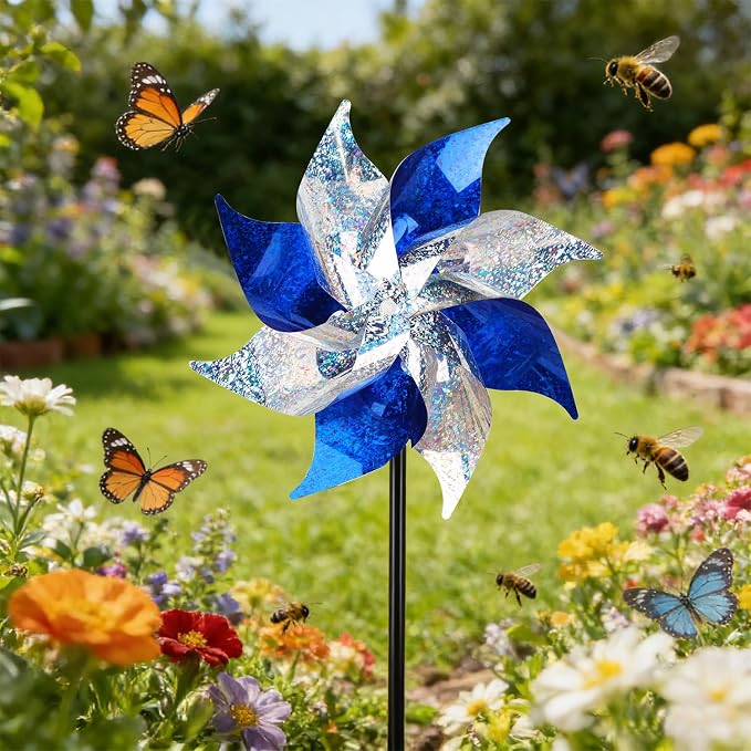 Hausse 12 Pack Reflective Blue Pinwheels with Stakes (Pre-assembled), Extra Sparkly Pin Wheel for Garden Decor, Bird Repellent Devices Deterrent to Scare Birds Away from Yard Patio Farm, Silver & Blue