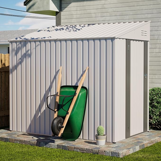 YOPTO 4x7 FT Outdoor Storage Shed,Metal Lean to Storage Shed with Reinforced Beams,All Weather Waterproof Garden Tool House W/Lockable Door and Reversible Installation,for Backyard,Patio,Lawn,White