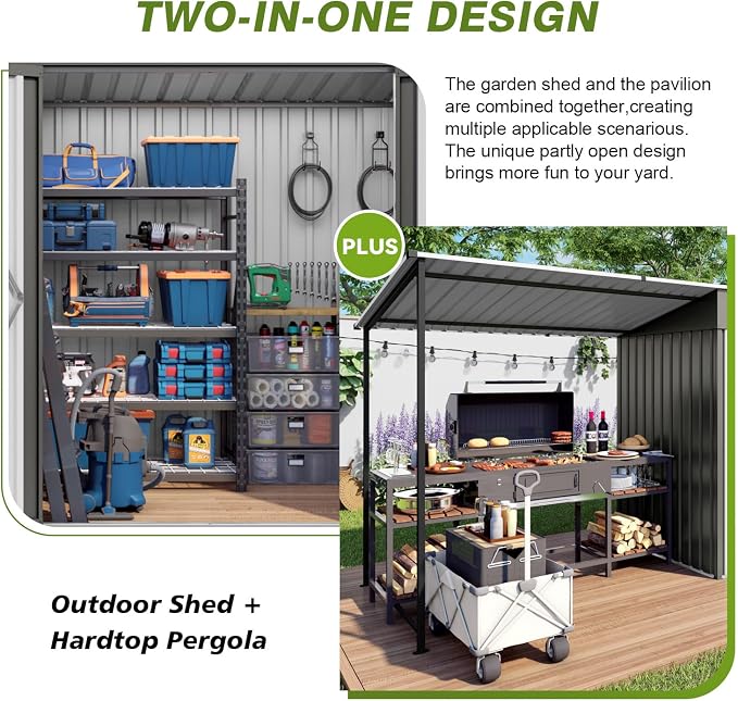 YOPTO 12x4 FT Metal Lean to Shed with Open-Sided Pergola,4x6 FT Outdoor Storage Shed & 6x4 FT Attached Hardtop Gazebo Combo,2-in-1 Durable Garden Tool Shed for Patio, Backyard, Deck,Gray