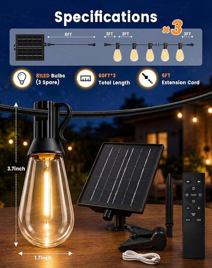 Solar String Lights Outdoor Waterproof, 180FT(3*60) 78 LED S14 Shatterproof Edison Bulbs, 2FT Spacing, 3 Modes, Dimmable, Timer, USB Solar Powered Hanging Patio Lights for Outside, Backyard