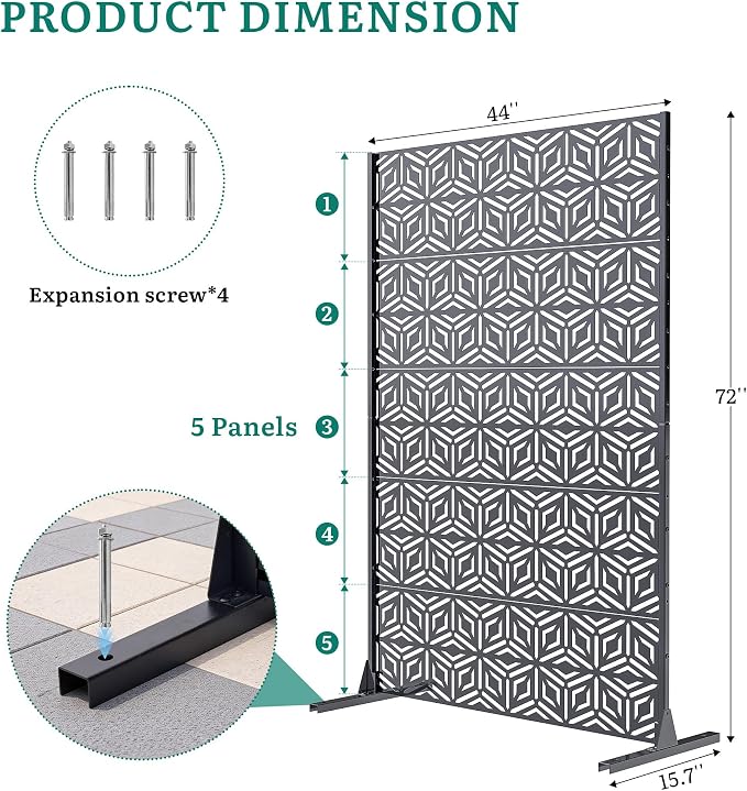 72" Steel Privacy Screen, Freestanding Laser Cut Divider for Patio | 72"x44" Laser Cut Snowflake Steel Panel. Weatherproof & Rustproof. creen Divider for Balcony, Patio, Deck & Garden