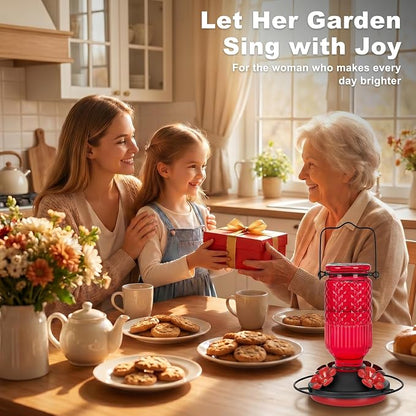 FEED GARDEN Glass Hummingbird Feeder for Outdoors Hanging, 16 oz Leak-Proof Nectar Feeder with Bee Guards & Ant Moat, 4 Metal Flower Feeding Ports, 360° Perch Ring, Easy Refill & Clean, Red