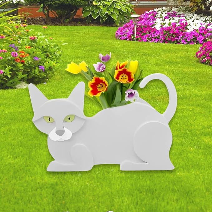 White Cat Planter Pots, 12.5 x 5.6 x 7.8 Inches | Cat Flower Pot, Cute Animal Shaped Plant Pot, Gifts for Women & Pet Lovers, Indoor Outdoor Garden Home Office Decor