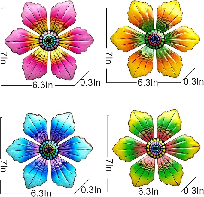 LITIALLY 4PCS Metal Flowers Outdoor Decor, 6 Inch Garden Wall Art Decorative, Metal Flower Outdoor Wall Sculptures Hanging Indoor Outdoor Home, Garden