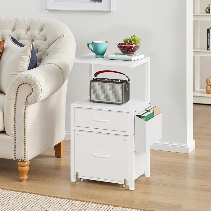 HIGDBFE 2-Drawer File Cabinet with Printer Stand & Dual Shelves, White | 2-Tier Printer Storage, Letter File Drawer, Reversible Side Bag, Smooth Drawer Slides, Rolling Support Board