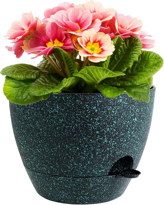 Meowell 12 inch Large Self Watering Pots for Indoor Outdoor Plants, Flower Plant Pots with Mesh Drainage Holes for Garden House Plants, Plastic Planters for Home, Black with Green Speckles