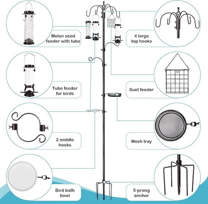 YINGYM 6-Hook Bird Feeding Station Kit, Wild Bird Feeder Stand Pole, Multi-Feeder Kit Stand with 4 Feeders, Bird Bath and Mesh Tray, 94 Inch