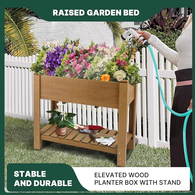 Raised Garden Bed Outdoor, Wooden Planter Boxes with Legs Protective Liner & Drainage Holes, Elevated Garden Flower Beds for Backyard Balcony, Gift for Gardening & Mother, 33.46'' X 17.9'' X 29.72''