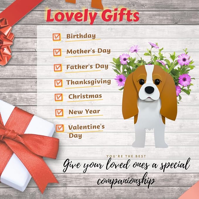 Brown King Cavalier Dog Planter Pots, 9.45 x 8.66 x 13.39 in | Dog Flower Pot, Cute Animal Shaped Plant Pot, Gifts for Women & Pet Lovers, Indoor Outdoor Garden Home Office Decor