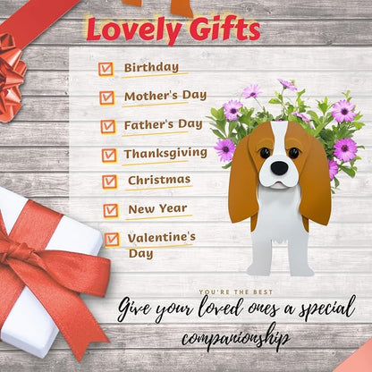 Brown King Cavalier Dog Planter Pots, 9.45 x 8.66 x 13.39 in | Dog Flower Pot, Cute Animal Shaped Plant Pot, Gifts for Women & Pet Lovers, Indoor Outdoor Garden Home Office Decor