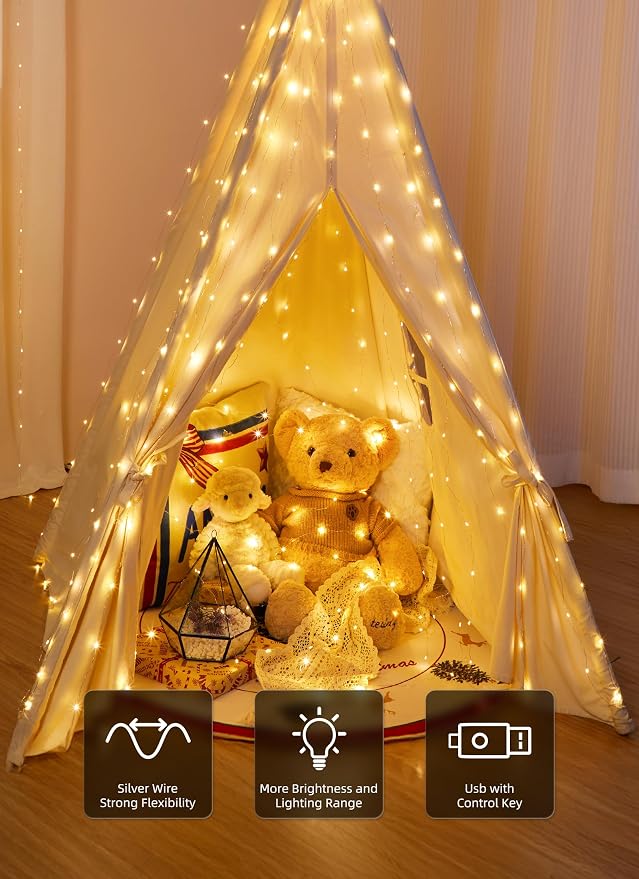 Brightown 2 Pack 300 LED Fairy Curtain Lights, 9.8ft x 9.8ft String Lights | USB Plug in 8 Lighting Modes Christmas String Hanging Lights with Remote for Bedroom Indoor Outdoor Party Xmas Warm White