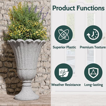 23.6" Tall Plastic Urn Planters for Outdoor Plants, Set of 2 Heavy-Duty Classic Indoor Large Flower Pots with Drainage Holes & Petal Design, Outdoor Planters for Porch, Home Garden, Grey