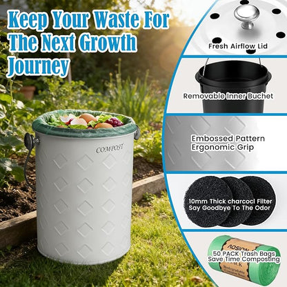 AOSION Countertop Compost Bin Kitchen,Odorless Indoor Compost Bin with Lid | 1 Gallon Composter Container,Removable Inner Bucket,50 Compost Bags,2 Carbon Filters,ideal for food scraps,coffee grounds