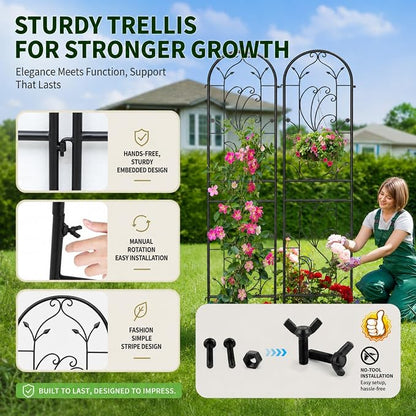2-Pack 87" x 20" Sunflower Scroll Arch Black Metal Garden Trellises | Set of 2 rust-resistant trellises with Sunflower scrollwork, arched tops, and support for roses, vines, or vegetables