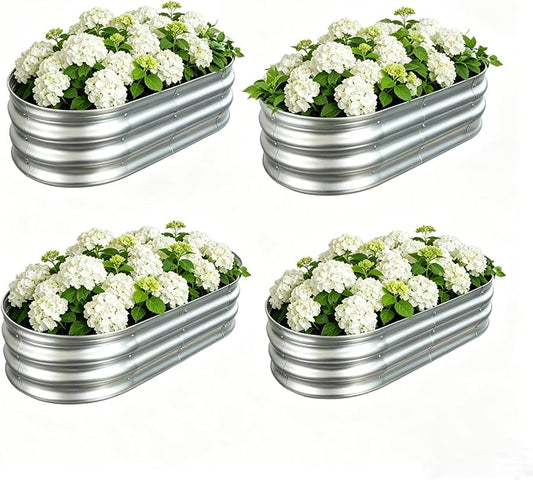 Galvanized Raised Garden Bed Outdoor, Large Raised Bed for Gardening, 4Pcs 4x2x1ft Oval Metal Planter Box for Vegetables, Fruits, Flowers, Silver