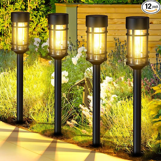 ILANCK 12 Pack Solar Lights Outdoor Parhway, Metal & Glass Large Solar Pathway Lights, Solar Powered Garden Lights for Yard, Landscape, Driveway Walkway