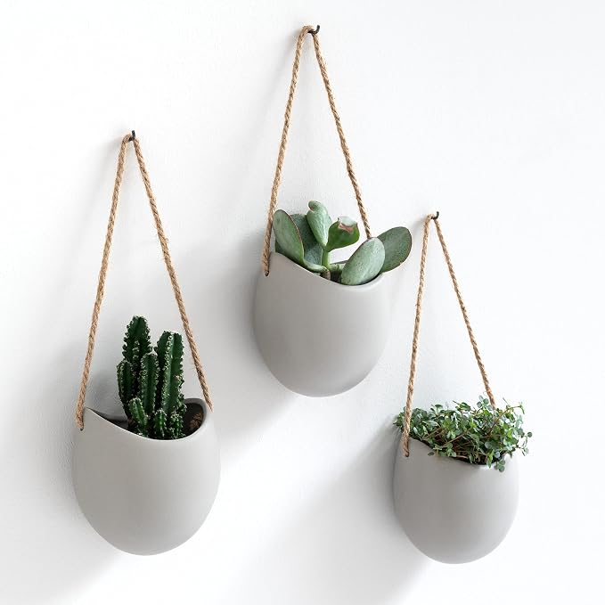 Kazai. Wall Planters -Ellie- | Hanging Ceramic Plant Pots 3 Pieces | Wall Decoration for Indoors, Balcony and Garden | Light Gray (Matte)