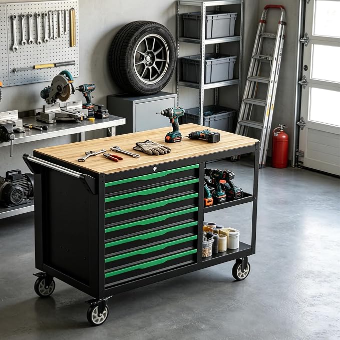 7-Drawers Professional Tool Cart Cabinet,Rolling Tool Chest with Double Shelves,Wood Workbench,Brake Wheels,51.1W x 18.9D x 32.3H inches for Garage, Workshop, or Outdoor Use(7 Drawers)
