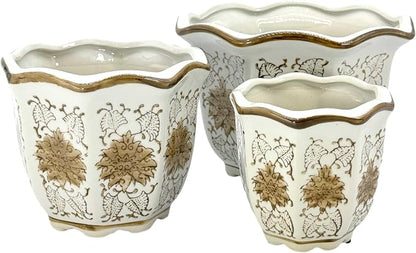 Galt International Brown & White Floral Porcelain Ceramic Decorative Flower Pot 8"/6"/4.5" Garden Pots Chinese Asian Design - Set of 3 Brown & White Fluted