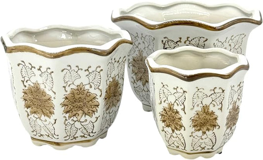 Galt International Brown & White Floral Porcelain Ceramic Decorative Flower Pot 8"/6"/4.5" Garden Pots Chinese Asian Design - Set of 3 Brown & White Fluted