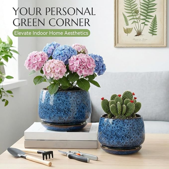 7.5 Inch Flower pots for Indoor Outdoor Plants with Saucer Drainage Leak-Proof Mesh, Ceramic Planter with Gardening Gloves for Succulent and Flower(Peacock Blue)