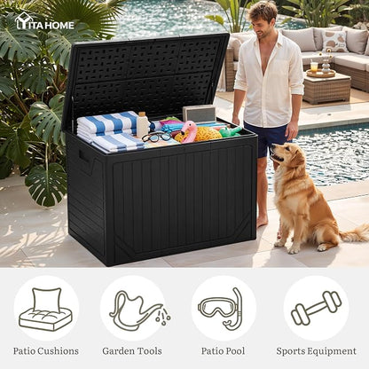 YITAHOME XXL 230 Gallon Extra Large Outdoor Deck Box | Lockable Resin Double-Wall Storage Box and Waterproof Patio Furniture Bin for Garden Tools & Pool Accessories, Black