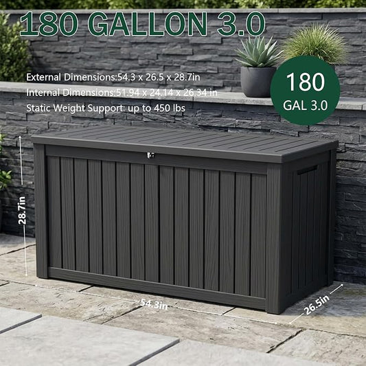 Outdoor Storage Box, 180 Gallon Waterproof Deck Box [Upgraded 3.0], Piston-Lift Tall Standing Cabinet for Oversized Cushions, Lockable Deep Tool Organizer Storage Bench, Large Lawn, Black