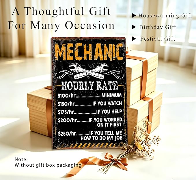 Mechanic Hourly Rate Funny Metal Sign, Vintage Garage Wall Decor, Retro Wrench Mechanic Themed Plaque for Man Cave Workshop Auto Shop Car Enthusiast Decor 8x12 Inch