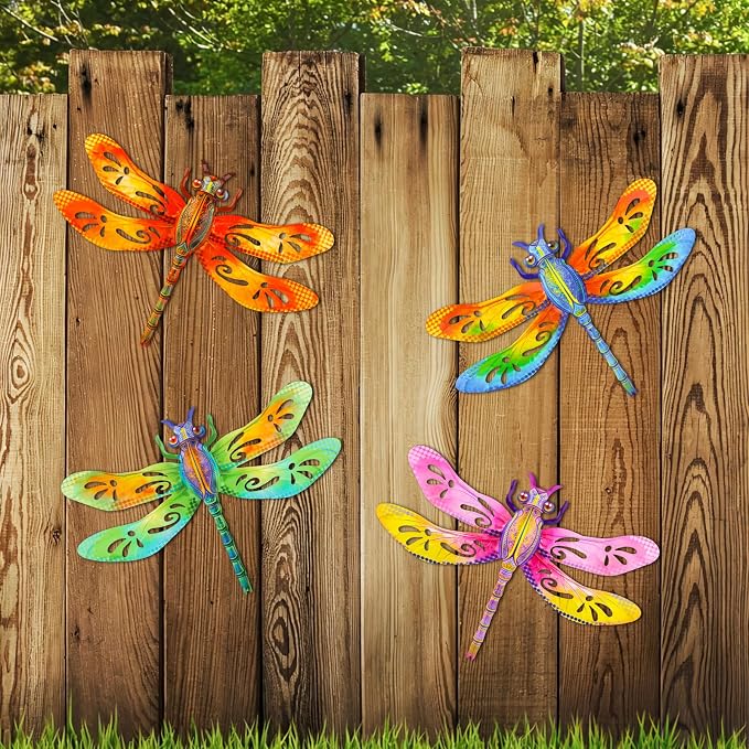 Metal Dragonfly Wall Decor, 4Pcs Dragonfly Iron Wall Art Sculptures Hanging Sculpture Decoration.Outdoor Fence Art 13.58 * 9.45 Inch for Home Garden, Fence, Patio, Yard, Bedroom Outside Gifts for Adults