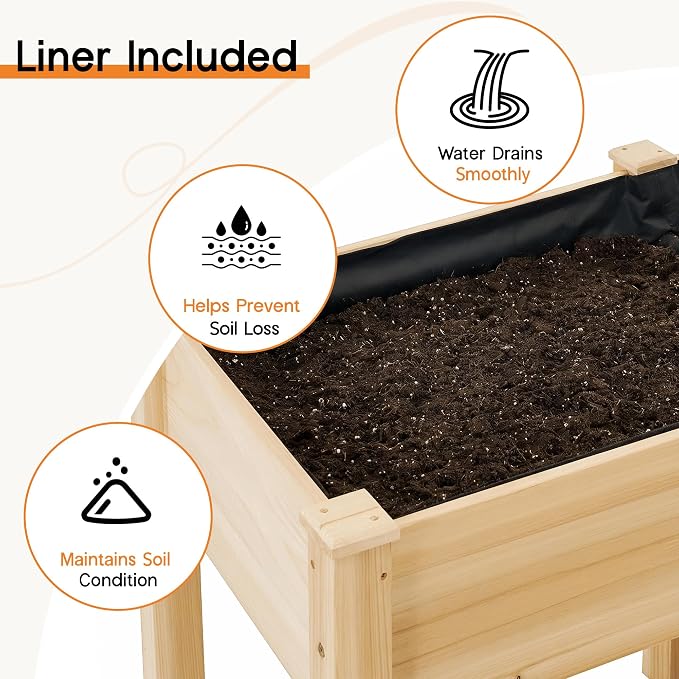 SPECRAFT 72x24x30in Raised Garden Bed with Legs, 8.4 Cu Ft Wooden Planter Box with Drainage Holes & Liner, Outdoor Raised Garden Beds for Patio Backyard Gardening, Natural Wood Color