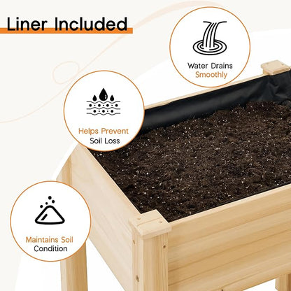 SPECRAFT 48 x 24 x 30 Inches Raised Garden Bed with Legs, 5 Cu Ft Wooden Planter Box with Drainage Holes & Liner, Outdoor Raised Garden Beds for Patio Backyard Gardening, Natural Wood Color