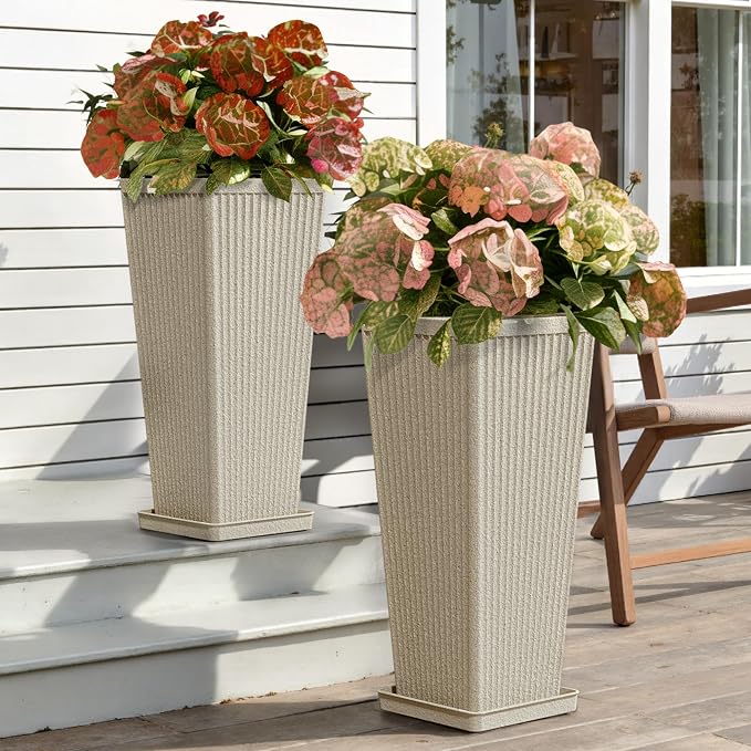 Square Tall Planters for Outdoor Plants Set of 2-24" Heavy-Duty Classic Tapered Indoor Flower Pots with Drainage Holes/Partition/Tray, Large Outdoor Planters for Porch Patio, Beige Cream