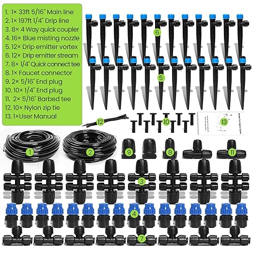 Bonviee 230FT Drip Irrigation System, 33FT 5/16" Mainline, Quick Connect | 33FT 5/16" and 197FT 1/4" Tubing. Garden watering System for Raised Beds, Greenhouses. 70% Water Savings. GRS Certified.